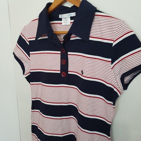 LIJA Golf Sports Shirt Navy, Red and White Stipes and Cap Sleeve Medium  … - Picture 3 of 12